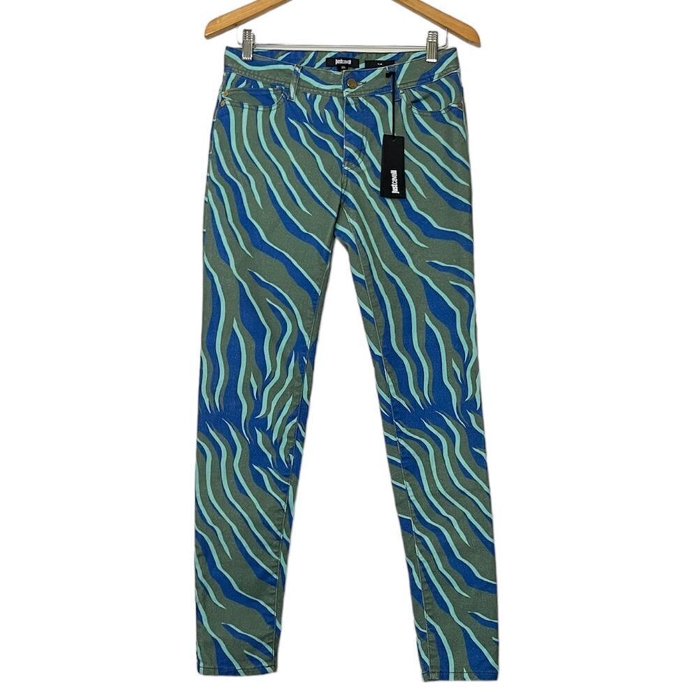 Roberto Just Cavalli Zebra Print Stripes Slim Leg Jeans Olive Blue Aqua 28 Nwt